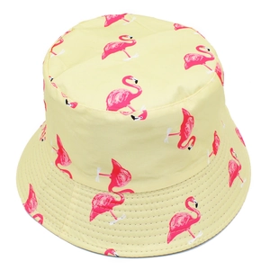 Bright yellow bucket hat with pink flamingo print, double-sided foldable sun protection cap