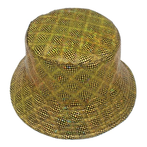 Golden holographic checkerboard bucket hat with metallic laser reflective finish