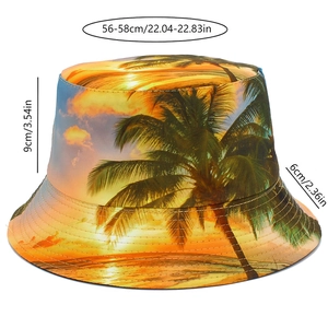 Detail of tropical palm tree bucket hat showing sun print and stitched brim dimensions
