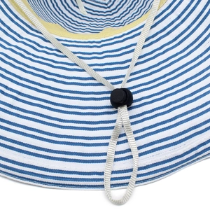 Detail view of striped sun hat interior with adjustable drawstring and woven texture