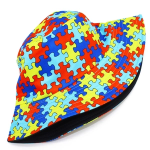 Fashionable bucket hat with colorful jigsaw puzzle print for outdoor leisure and sun protection