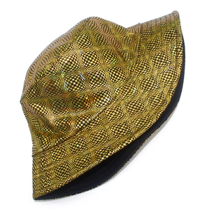 Metallic gold checkered bucket hat with reflective finish and black inner lining for fashion
