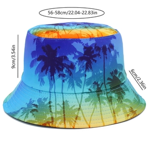 Tropical coconut tree bucket hat with size chart showing 56-58cm head circumference