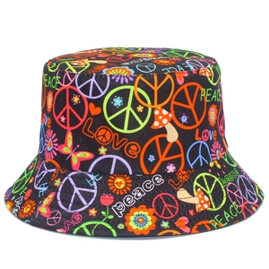 Colorful Peace Sign Bucket Hat Reversible Cotton Canvas Sun Hat Graffiti Flower Mushroom Outdoor Travel Fisherman Hat