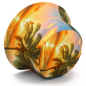 Unisex bucket hat with tropical sunset and palm tree print for outdoor sun protection