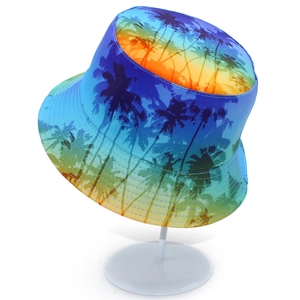 Tropical coconut tree pattern bucket hat with ocean blue and sunset orange gradient colors