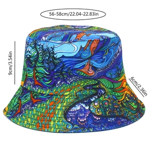 Size chart for reversible bucket hat with blue and green artistic swirl patterns