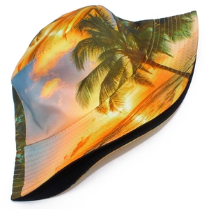Unisex bucket hat with tropical sunset palm tree print for outdoor beach sun protection