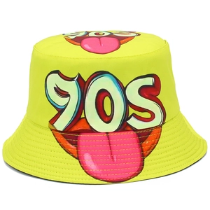 Bob Rétro Années 90 Imprimé Lèvres Pop Art Réversible Jaune Néon Noir Coton Chapeau de Soleil Décontracté Streetwear Fête