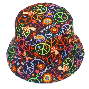 Double-sided bucket hat with colorful peace and love prints on a black background