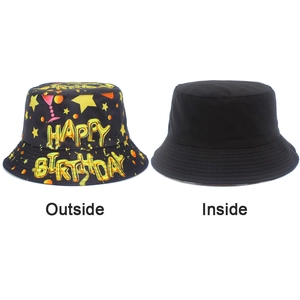 Double-sided Happy Birthday bucket hat showing both the party print and plain black lining