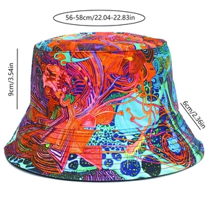 Detailed size chart of the printed bucket hat showing crown height and brim width