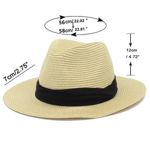 Straw Panama hat dimensions showing 7cm brim, 12cm crown height and 56-58cm head size