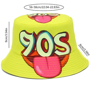 Détail du chapeau bob jaune fluo années 90 avec motif pop art et mesures de taille