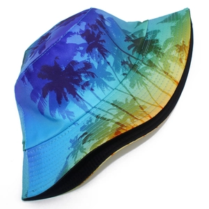 Fashionable gradient bucket hat with tropical palm tree patterns for outdoor sun protection