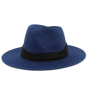 Navy blue straw panama hat with black ribbon, summer fedora sun hat for outdoor sun protection