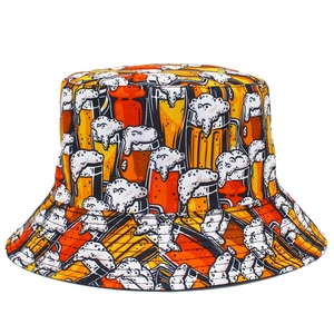 Reversible Cotton Bucket Hat Sun Protection Cute Cartoon Beer Mug Print Fisherman Hat For Women Men Outdoor Travel Yellow