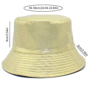 Detailed dimensions of gold patent leather bucket hat with embossed grid pattern