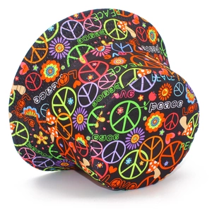 Double-sided hippie bucket hat with colorful peace signs and flower prints on black base