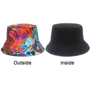 Detail view of the reversible sun hat showing vibrant colorful patterns and solid black lining