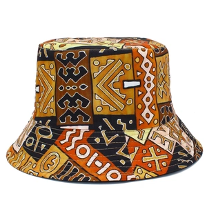 Vintage Tribal Print Cotton Bucket Hat Foldable Sun Protection Ethnic Geometric Pattern Fisherman Hat For Outdoor Travel Women