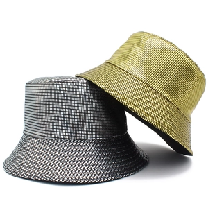 Shiny Metallic Grid Bucket Hat PU Leather Waterproof Sun Shading Streetwear Hip Hop Party Festival Hat For Men Women