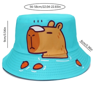 Detailed size chart for blue bucket hat with capybara print showing 56-58cm circumference