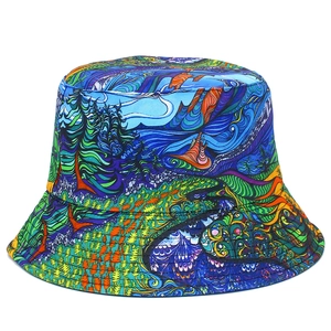 Reversible bucket hat with colorful geometric mountain print for outdoor sun protection