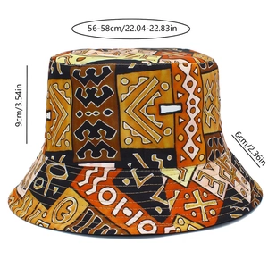 Detailed view of tribal geometric pattern bucket hat with specific size measurements