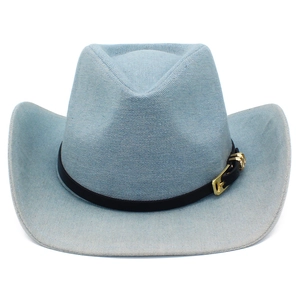 Women Vintage Western Cowboy Hat Light Blue Denim Fedora Hat With Metal Buckle Leather Strap Wide Brim Sunshade Jazz Hat