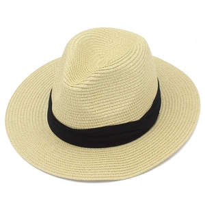 Close-up of woven straw Panama hat with black ribbon detail and fine texture for sun protection