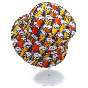 Reversible tie-dye bucket hat featuring vibrant cartoon beer print for outdoor sun protection