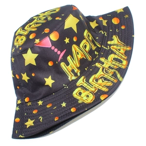 Black bucket hat with gold Happy Birthday print and stars for party celebration