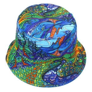 Reversible bucket hat featuring vibrant psychedelic geometric patterns and abstract art prints