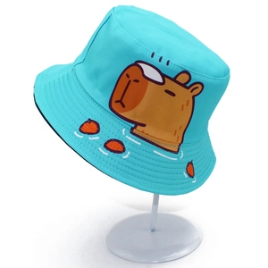 Sky blue canvas bucket hat with cute cartoon capybara print and durable sun protection