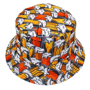 Tie-dye reversible bucket hat with yellow beer mug patterns for sun protection