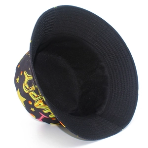 Detail view of canvas bucket hat with 3D Happy lettering and colorful star print