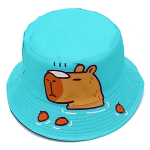 Detail of blue Capybara bucket hat showing clean stitching and high-quality twill fabric