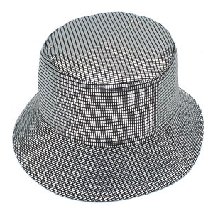 Detail of silver metallic bucket hat featuring black grid texture and shiny finish