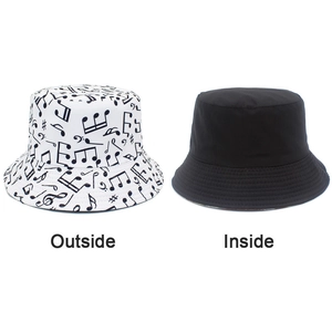 Détail du chapeau bob réversible avec motif de notes de musique et côté noir uni