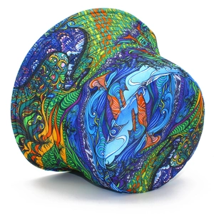 Detailed close-up of vibrant psychedelic pattern print on a double-sided bucket hat