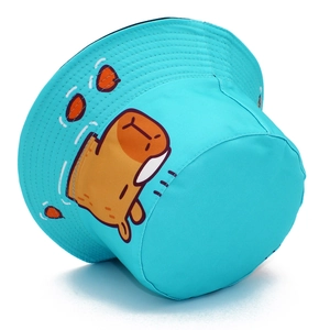 Bright blue cotton bucket hat with cute cartoon capybara print and reinforced brim stitching