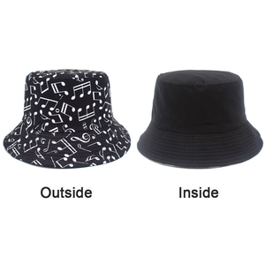 Vue détaillée du chapeau bob réversible montrant les motifs de notes et le côté noir uni