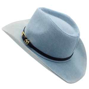 Light blue denim cowboy hat with black leather band and golden metal buckle details