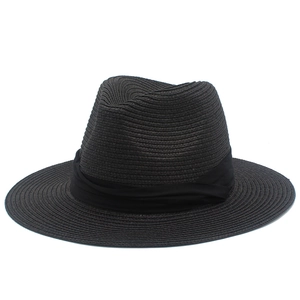 Classic black woven Panama straw hat with stylish ribbon band for sun protection
