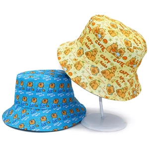 Cute capybara printed bucket hats in sky blue and yellow colors with stylish patterns