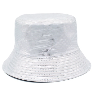 Silver metallic reflective bucket hat with textured grid pattern and futuristic design