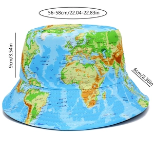 Detailed dimensions of blue world map bucket hat with 56-58cm head circumference size
