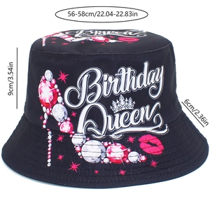 Size guide for black bucket hat with Birthday Queen text and red high heel print