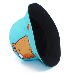 Reversible sky blue bucket hat with cute cartoon capybara print and black lining